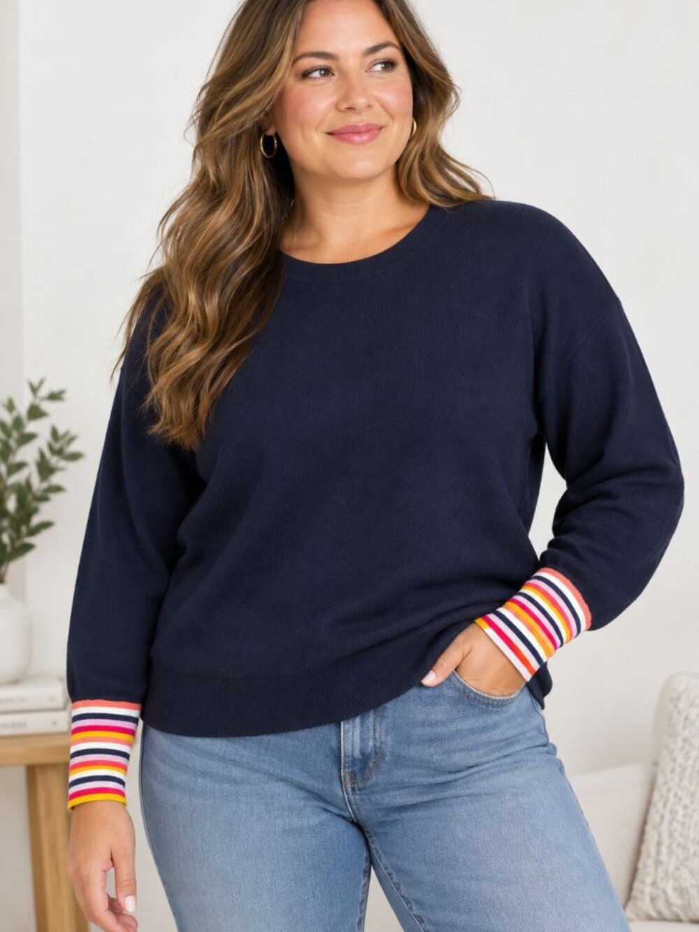 Boden Navy Rainbow Cuff Sweater Women Size L Colorful Crewneck Preppy Scandi
